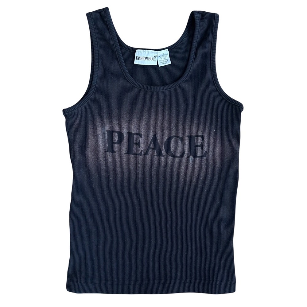 Vintage Fashion Bug Peace‎ Graphic Ribbed Tank acid dyed Black Y2K Grunge  Large